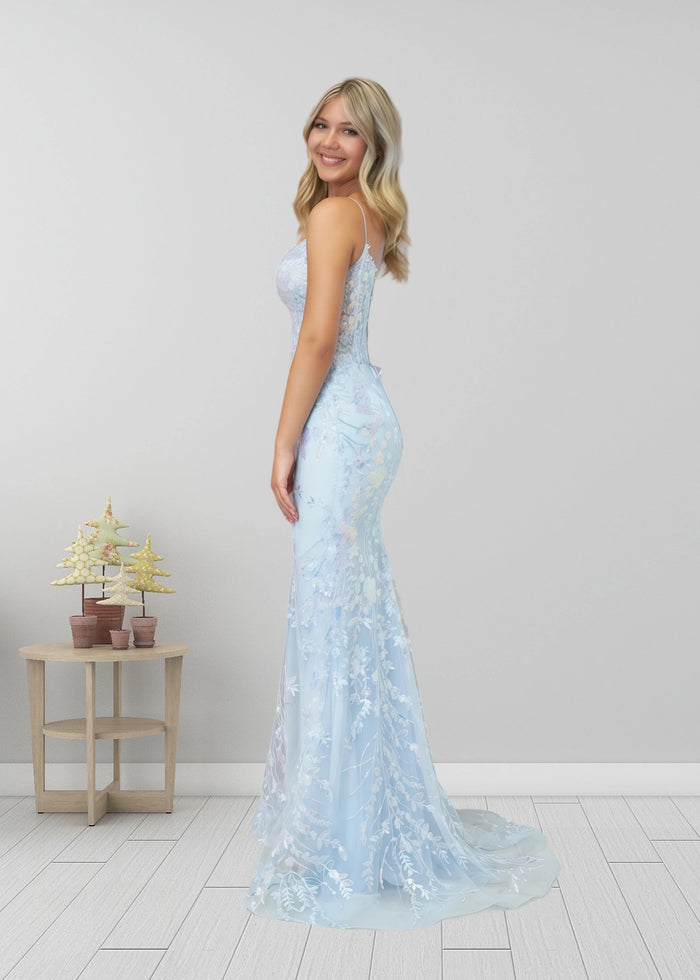 Laurel | Mermaid Light Blue V Neck Corset Sequin Formal Dress - Bady Blue - PromDressClub