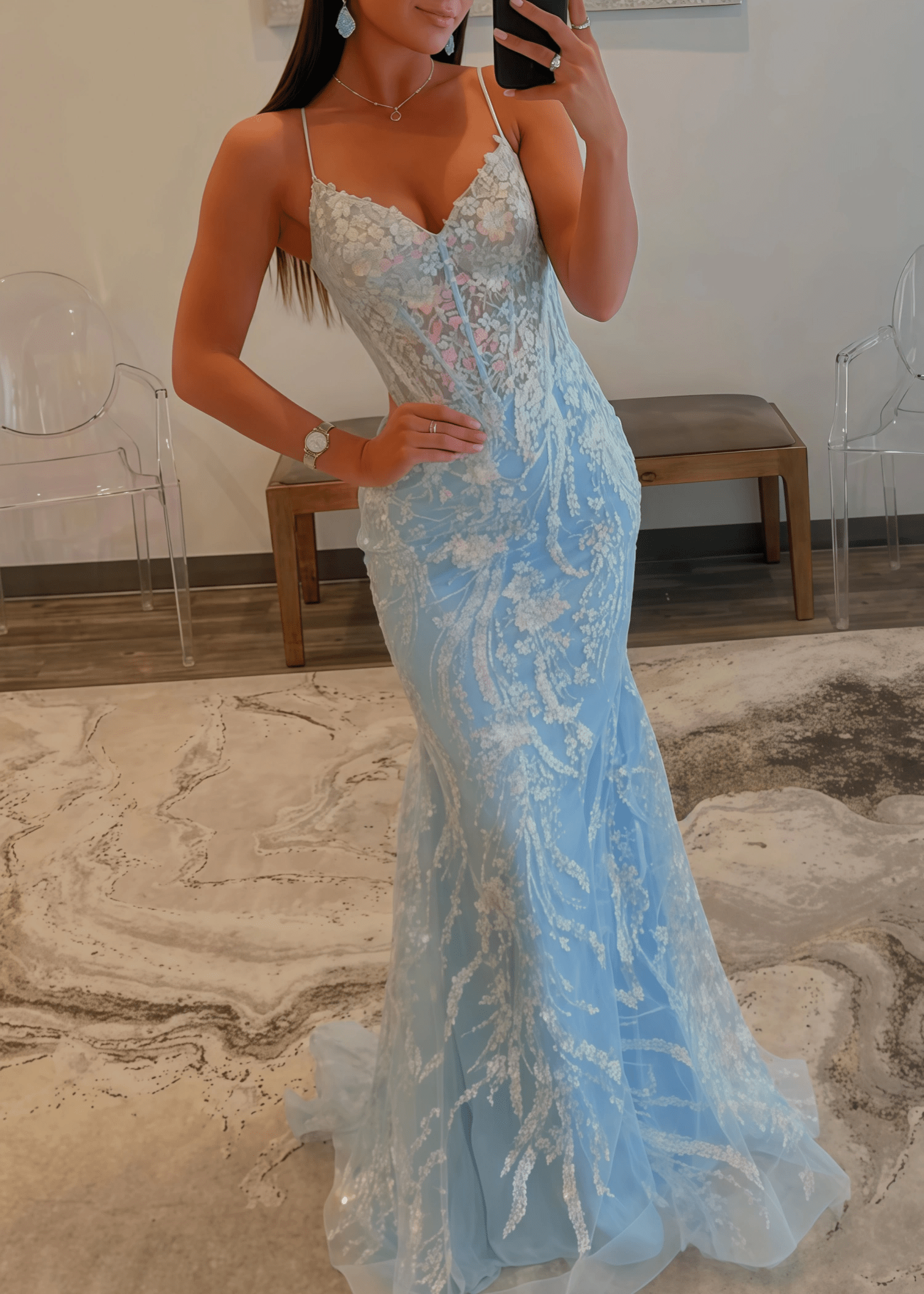 Laurel | Mermaid Light Blue V Neck Corset Sequin Formal Dress - Bady Blue - PromDressClub