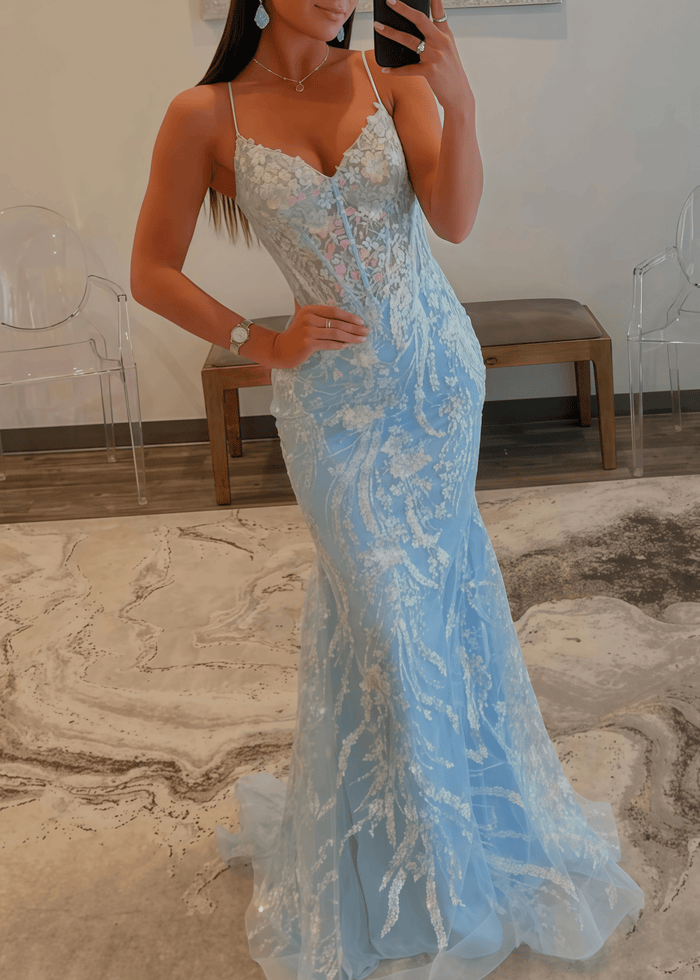 Laurel | Mermaid Light Blue V Neck Corset Sequin Formal Dress - Bady Blue - PromDressClub