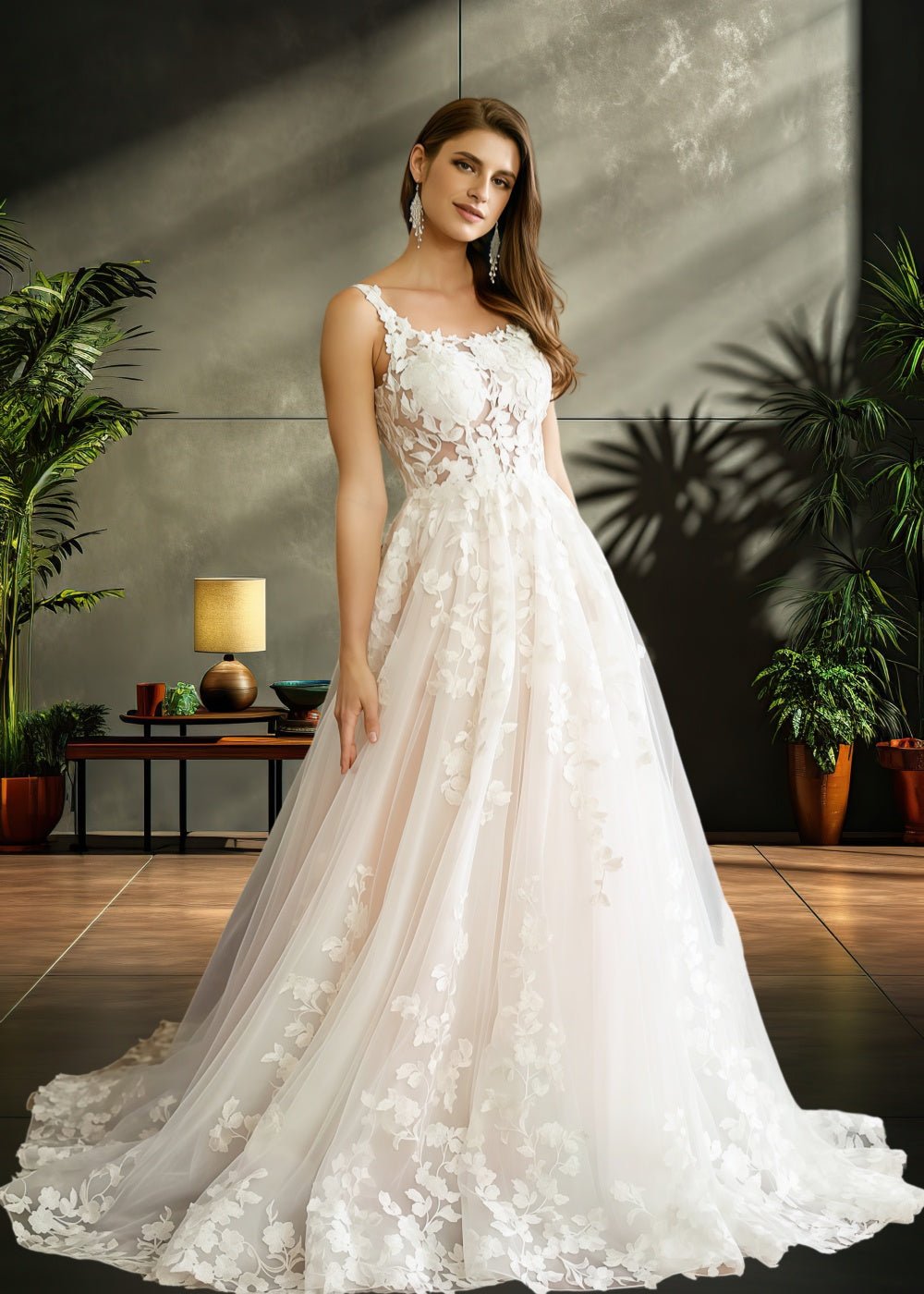 Lauren | Elegant A Line/Princess Square Neck Lace and Tulle Wedding Dress with Long Train - Ivory - PromDressClub