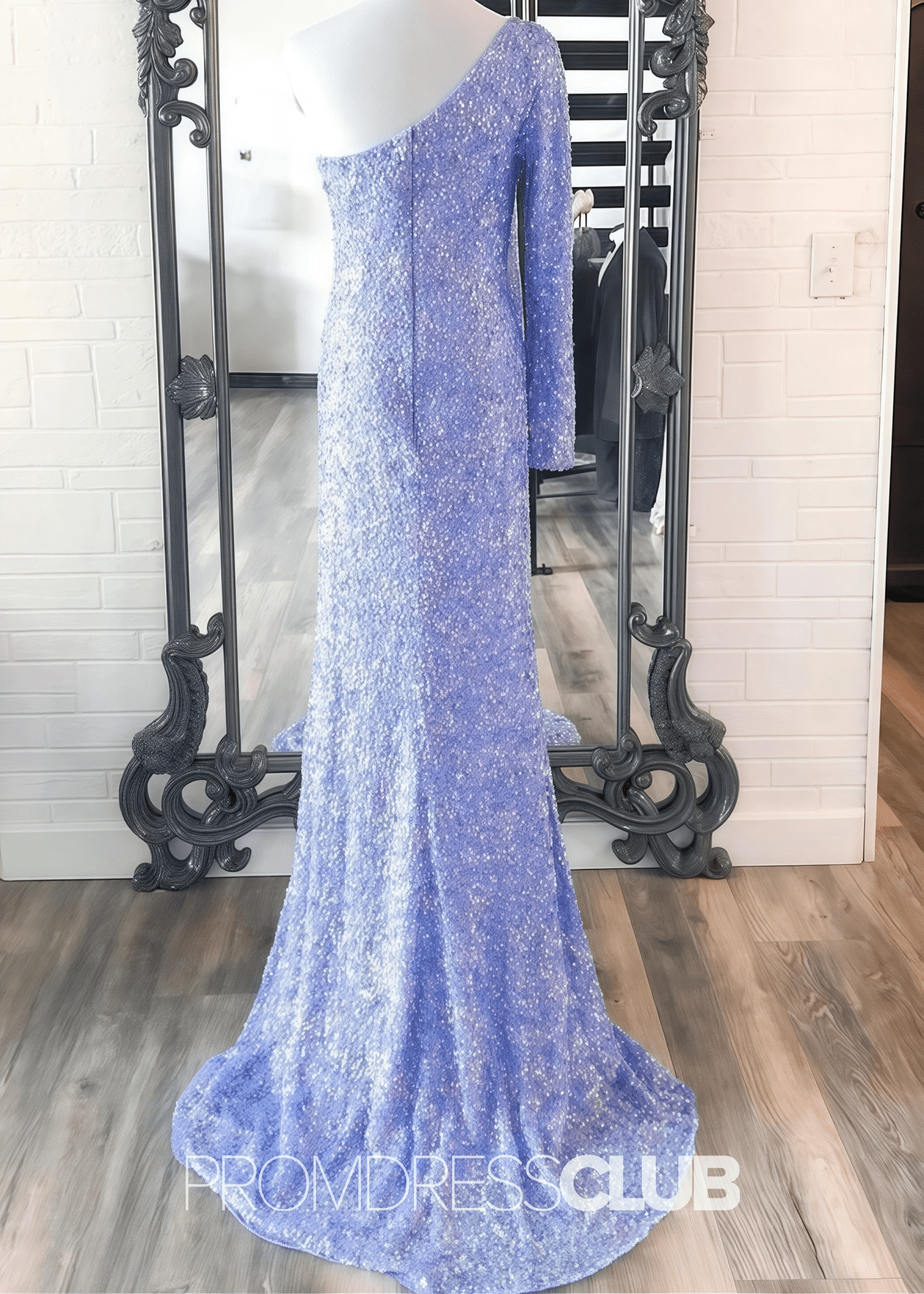 Lauren |Long Gold Prom Dresses Shops With Stunning Sequins Mermaid One Sleeve Slit - Price #price_variant_lowest# - Light Blue - PromDressClub