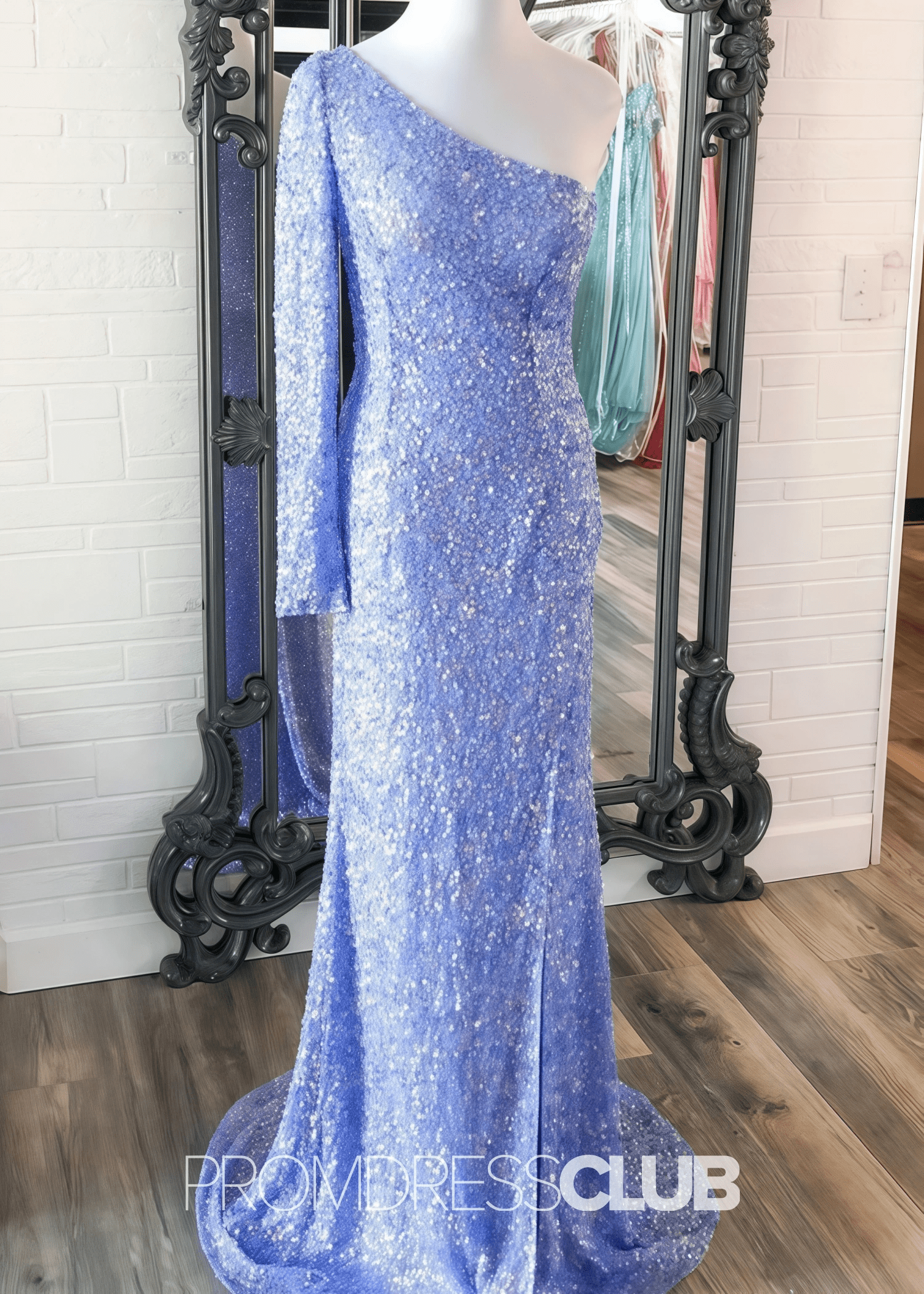 Lauren |Long Gold Prom Dresses Shops With Stunning Sequins Mermaid One Sleeve Slit - Price #price_variant_lowest# - Light Blue - PromDressClub