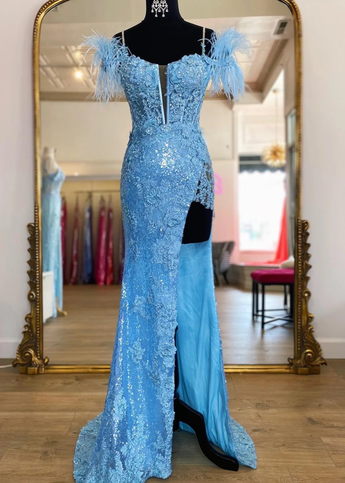 Leila | Mermaid Feather Appliques Blue Sequin Long Prom Dress - Price #price_variant_lowest# - Blue - PromDressClub