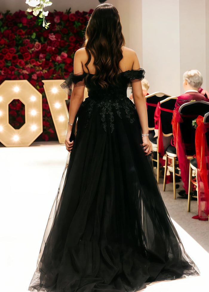 Lenora | Timeless Elegance Off Shoulder Gothic Black Wedding Dress for Bold Brides - Black - PromDressClub