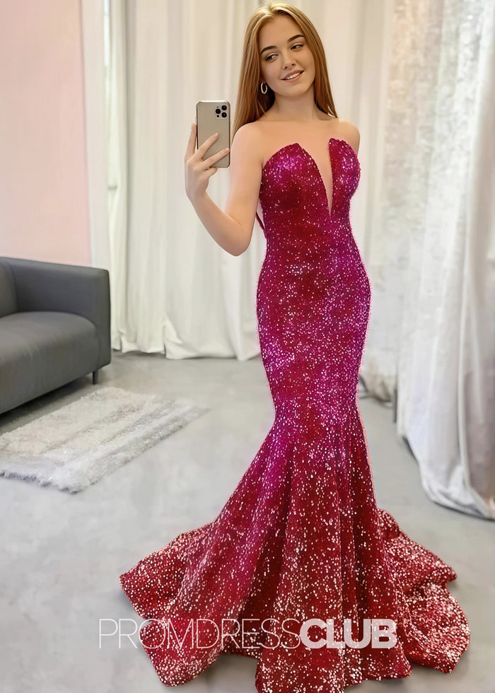 Lesley |Long Green Prom Dresses Near Me With Sequin Strapless V Neck Mermaid - Price #price_variant_lowest# - Red - PromDressClub