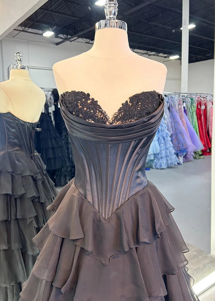 Lesley|A - Line Sweetheart Chiffon Corset Ruffled Long Blue Prom Dress with Slit - Black - PromDressClub