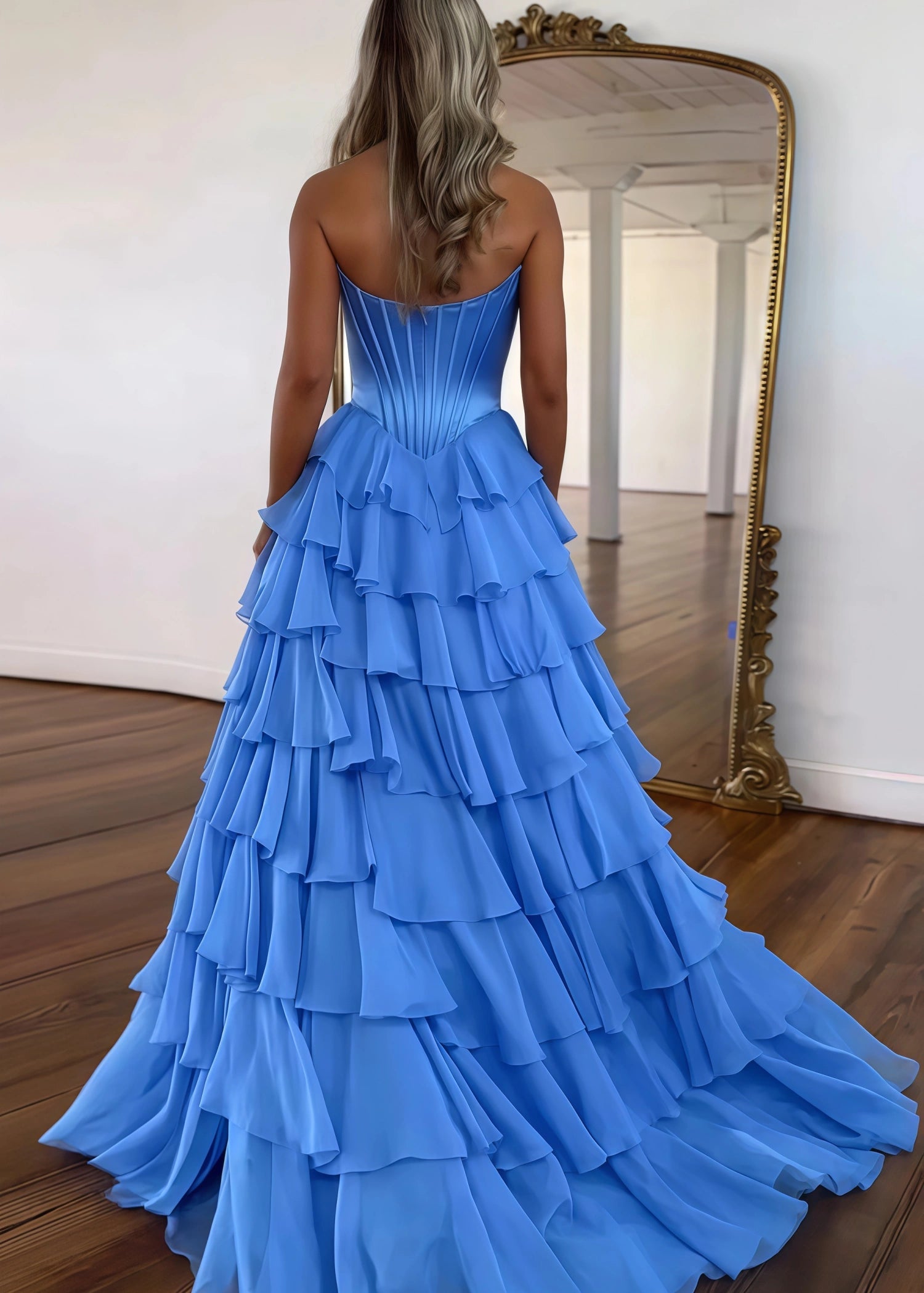 Lesley|A - Line Sweetheart Chiffon Corset Ruffled Long Blue Prom Dress with Slit - Blue - PromDressClub
