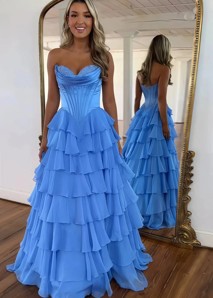 Lesley|A - Line Sweetheart Chiffon Corset Ruffled Long Blue Prom Dress with Slit - Blue - PromDressClub