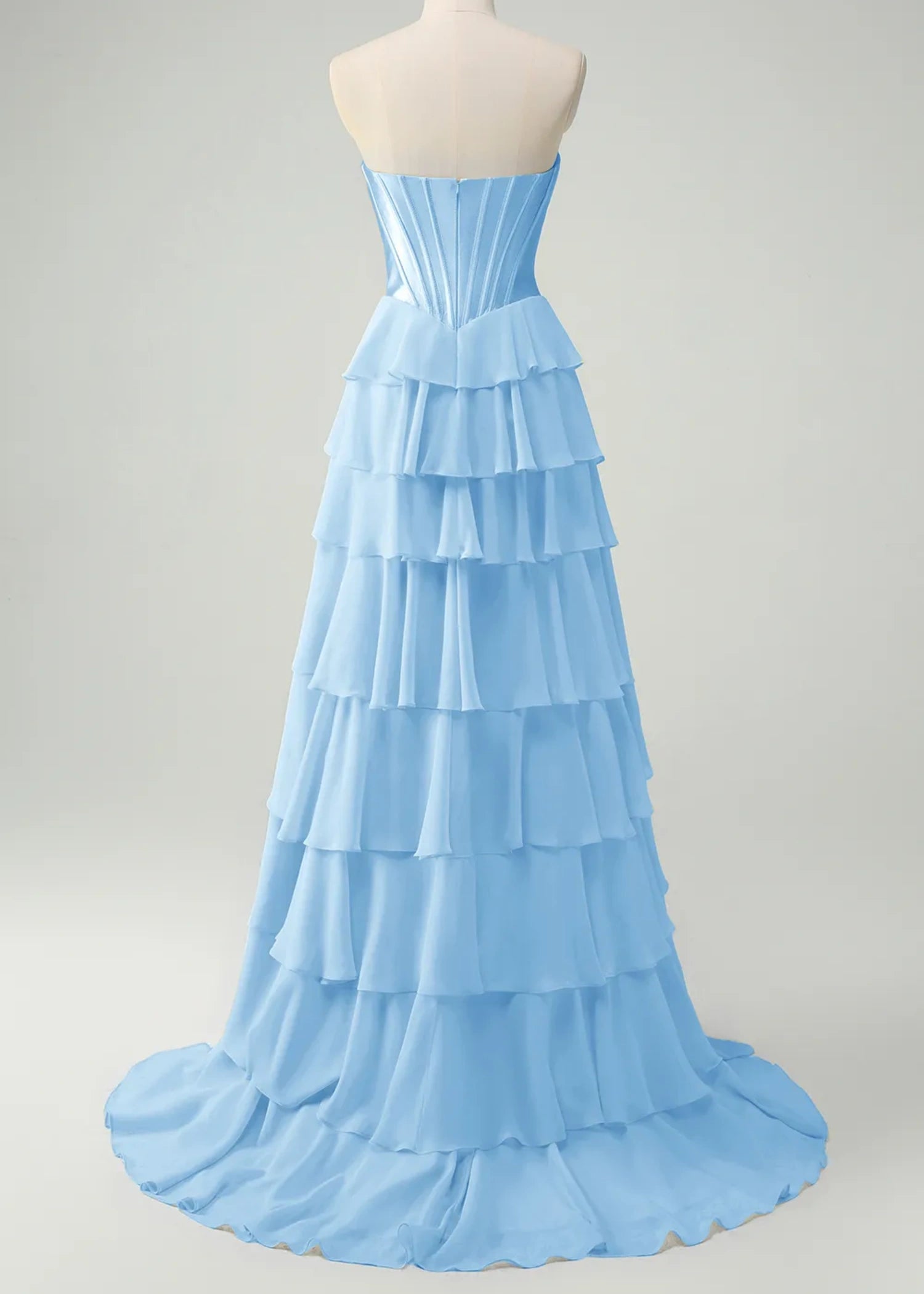 Lesley|A - Line Sweetheart Chiffon Corset Ruffled Long Blue Prom Dress with Slit - Light Blue - PromDressClub