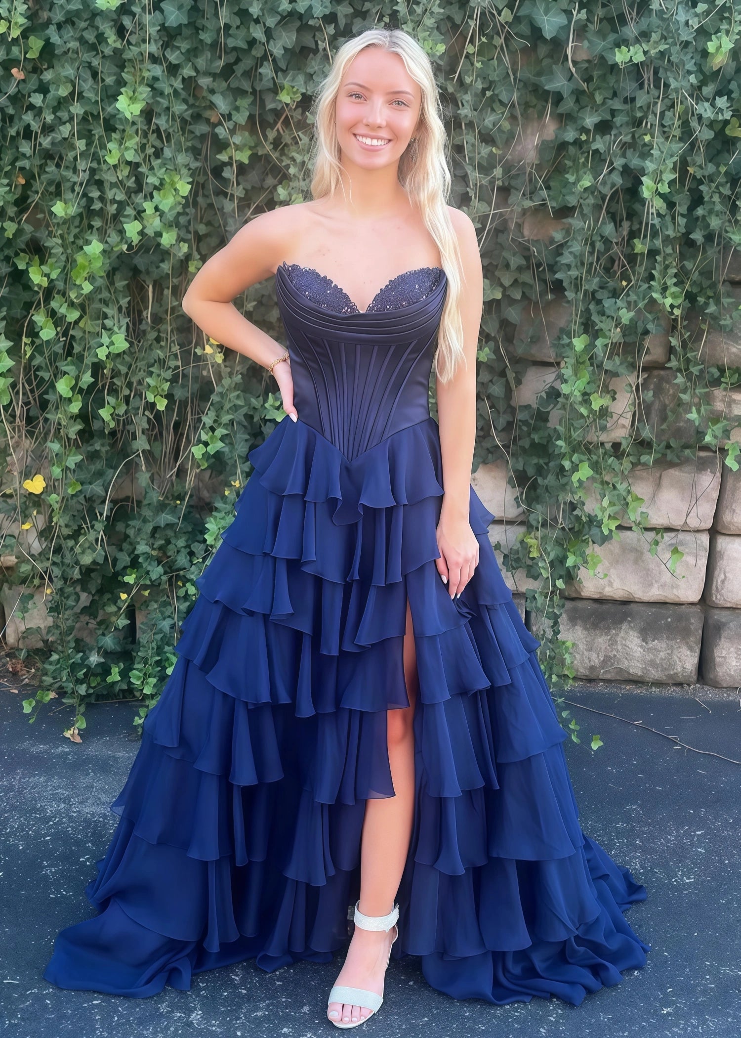 Lesley|A - Line Sweetheart Chiffon Corset Ruffled Long Blue Prom Dress with Slit - Navy Blue - PromDressClub