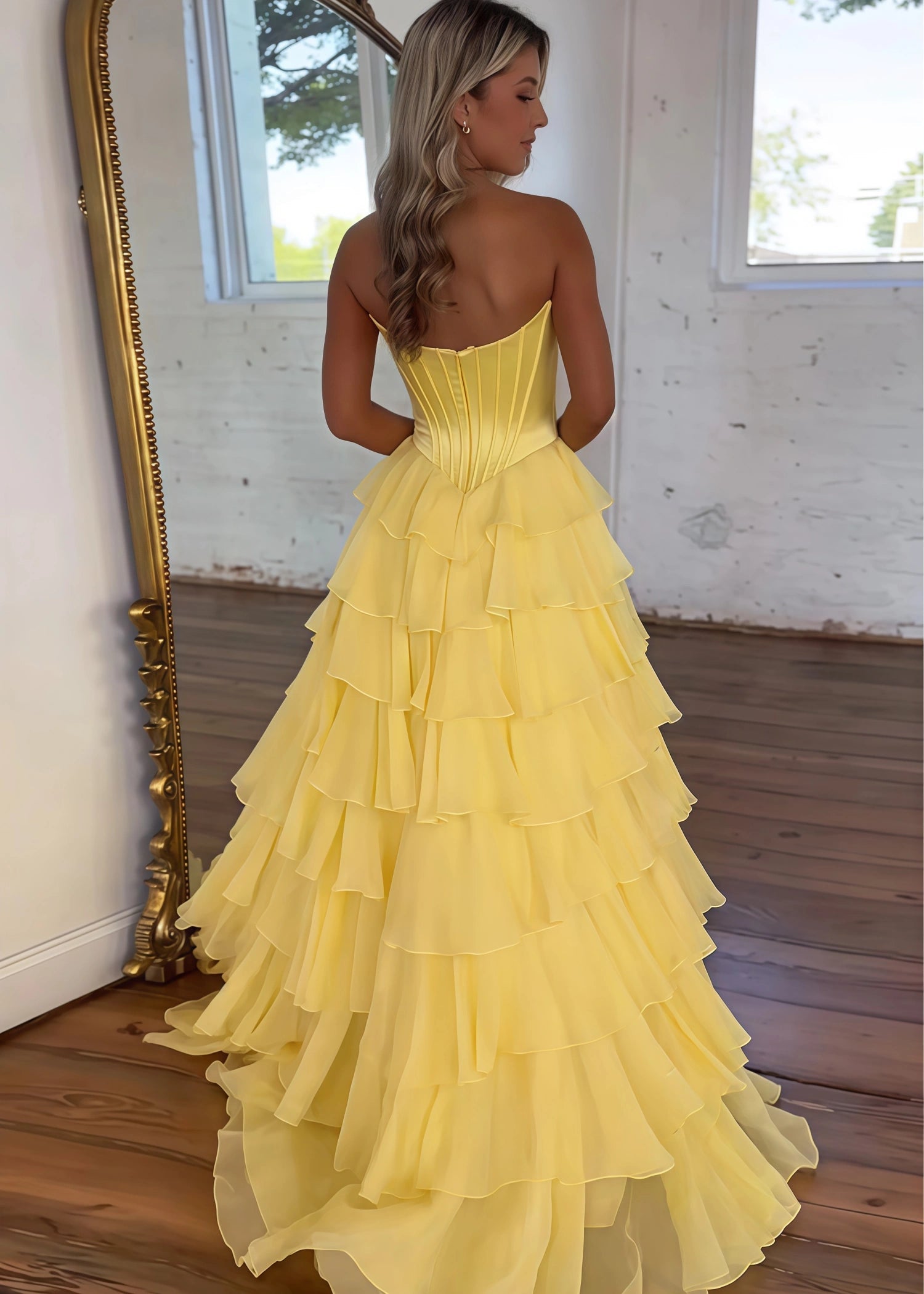 Lesley|A - Line Sweetheart Chiffon Corset Ruffled Long Blue Prom Dress with Slit - Yellow - PromDressClub