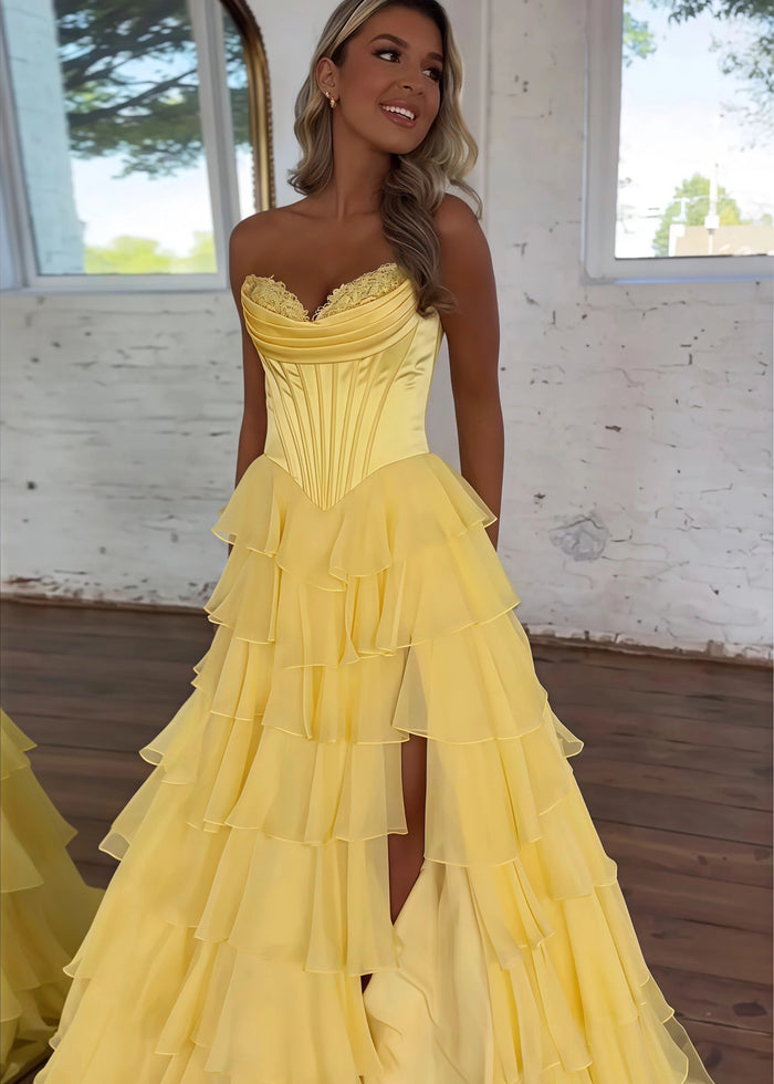 Lesley|A - Line Sweetheart Chiffon Corset Ruffled Long Blue Prom Dress with Slit - Yellow - PromDressClub