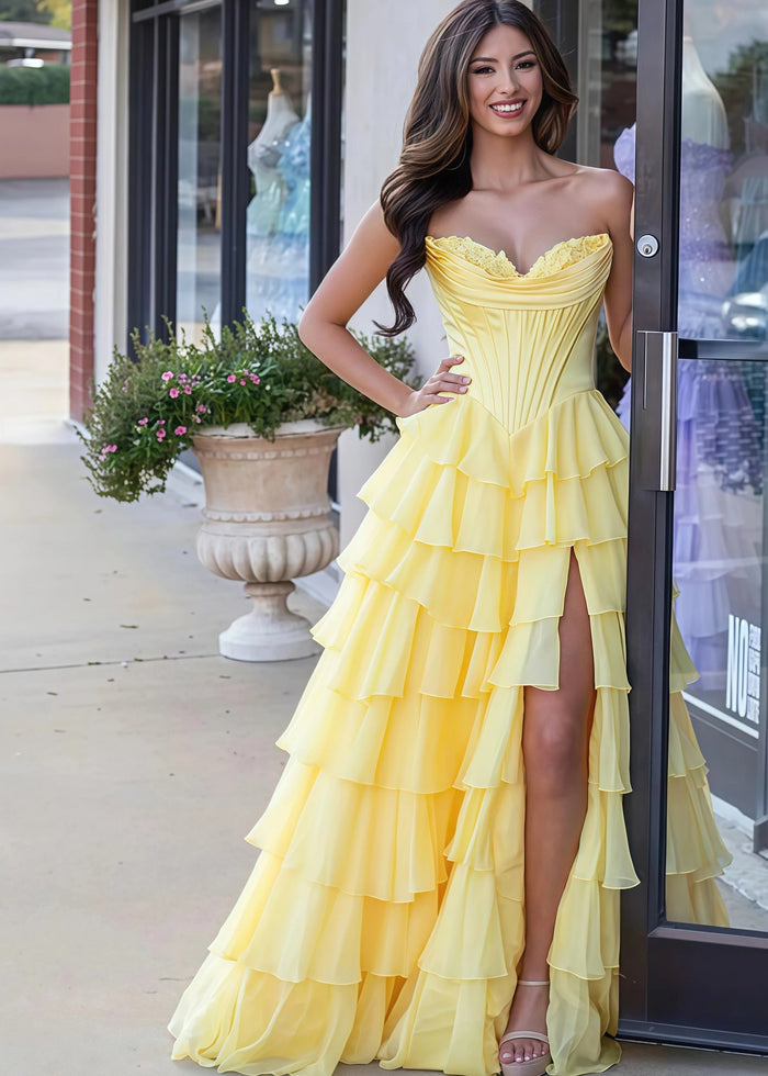 Lesley|A - Line Sweetheart Chiffon Corset Ruffled Long Blue Prom Dress with Slit - Yellow - PromDressClub