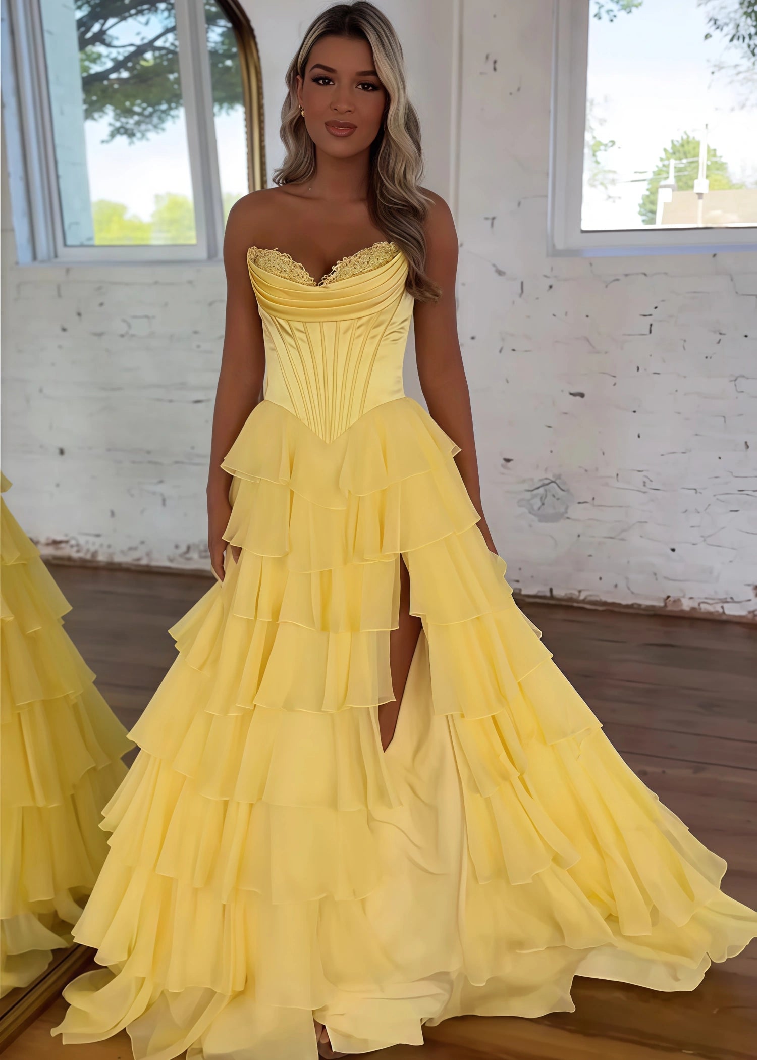 Lesley|A - Line Sweetheart Chiffon Corset Ruffled Long Blue Prom Dress with Slit - Yellow - PromDressClub