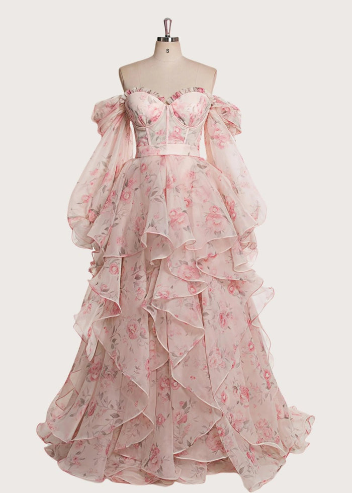 Light Pink Strapless Off the Shoulder Long Sleeve Formal Dress - Pink Floral - PromDressClub