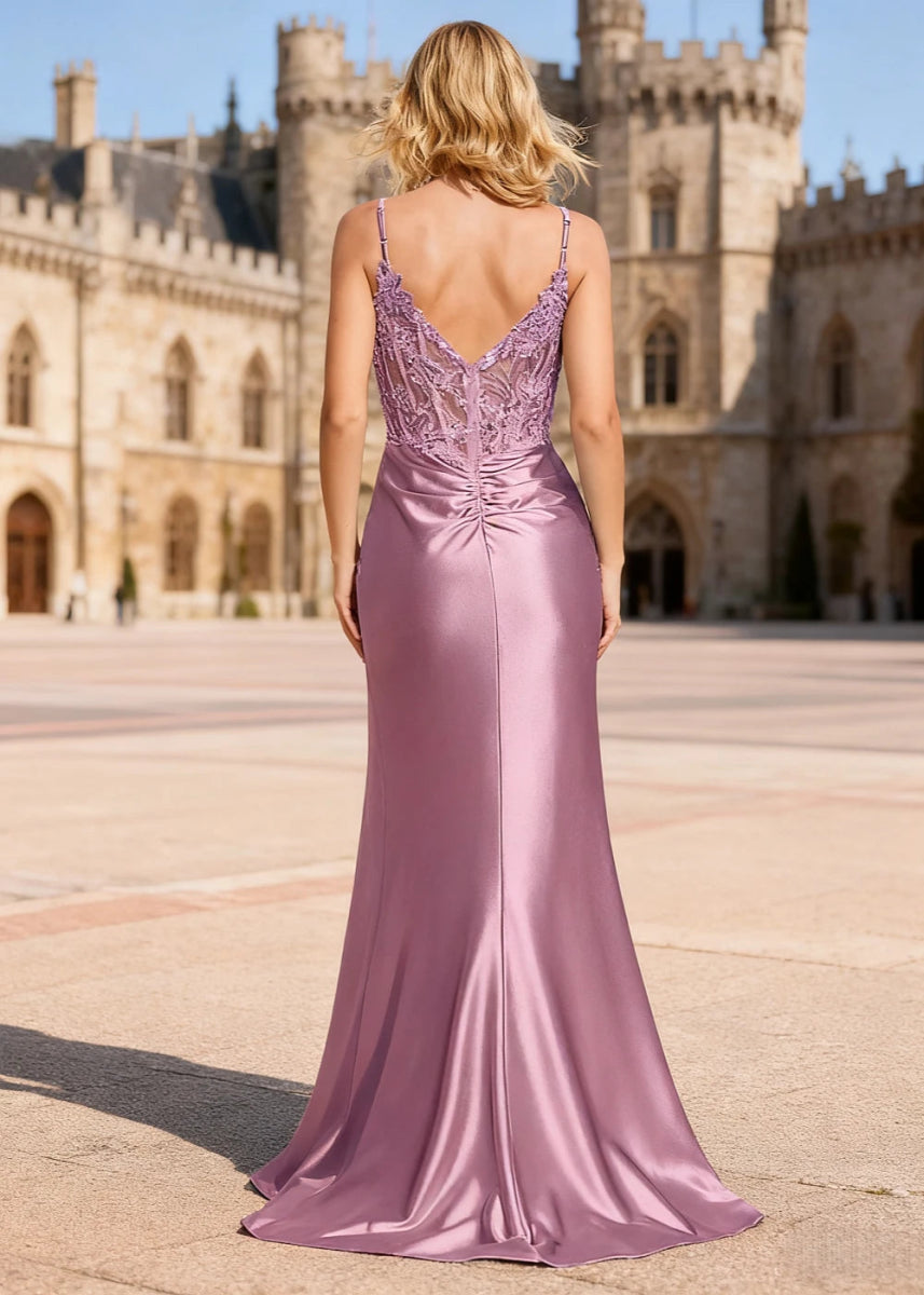 Lila Dusty Rose Mermaid Lace Beaded Prom Dress | Spaghetti Straps V - Neck Pleated Satin Dress with Slit - US0 - PromDressClub