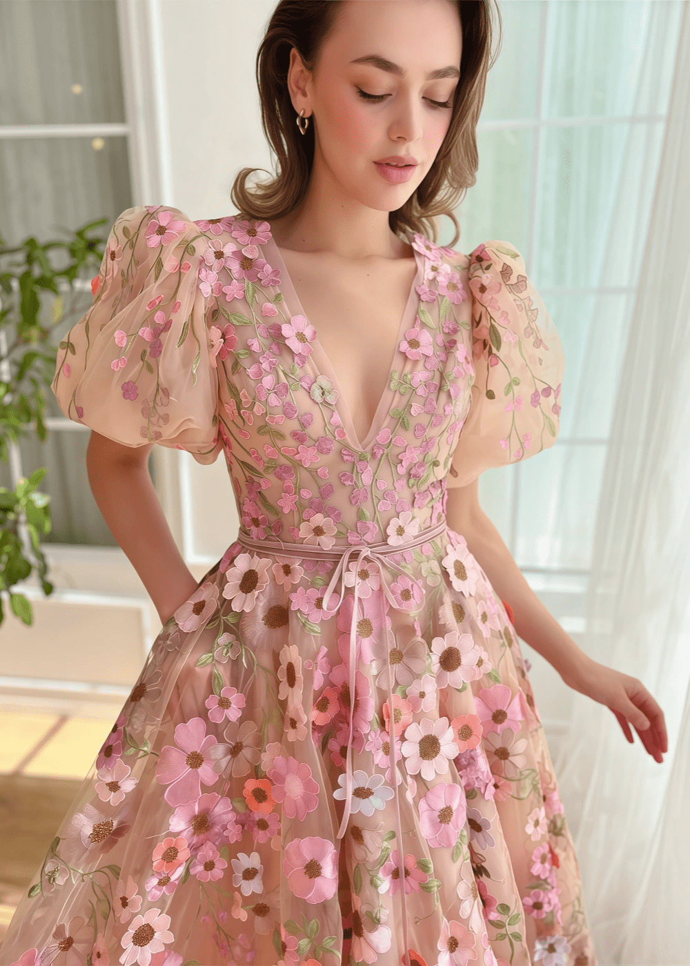 Lila | Elegant Champagne Short Sleeve Flower Corset Prom Dress - Champagne Floral - PromDressClub