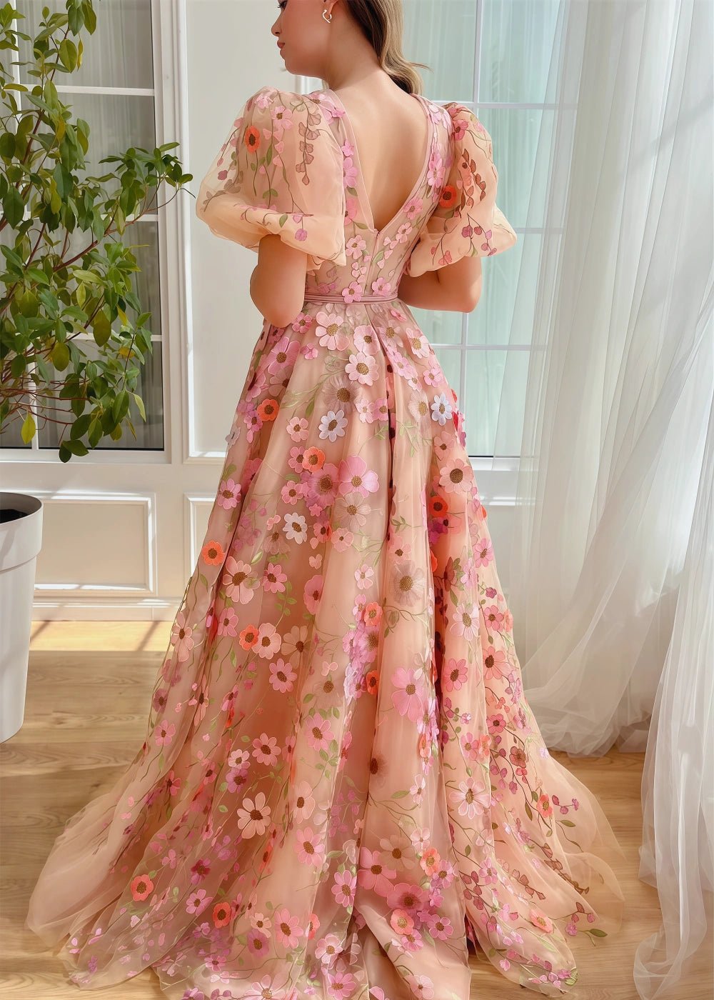 Lila | Elegant Champagne Short Sleeve Flower Corset Prom Dress - Champagne Floral - PromDressClub