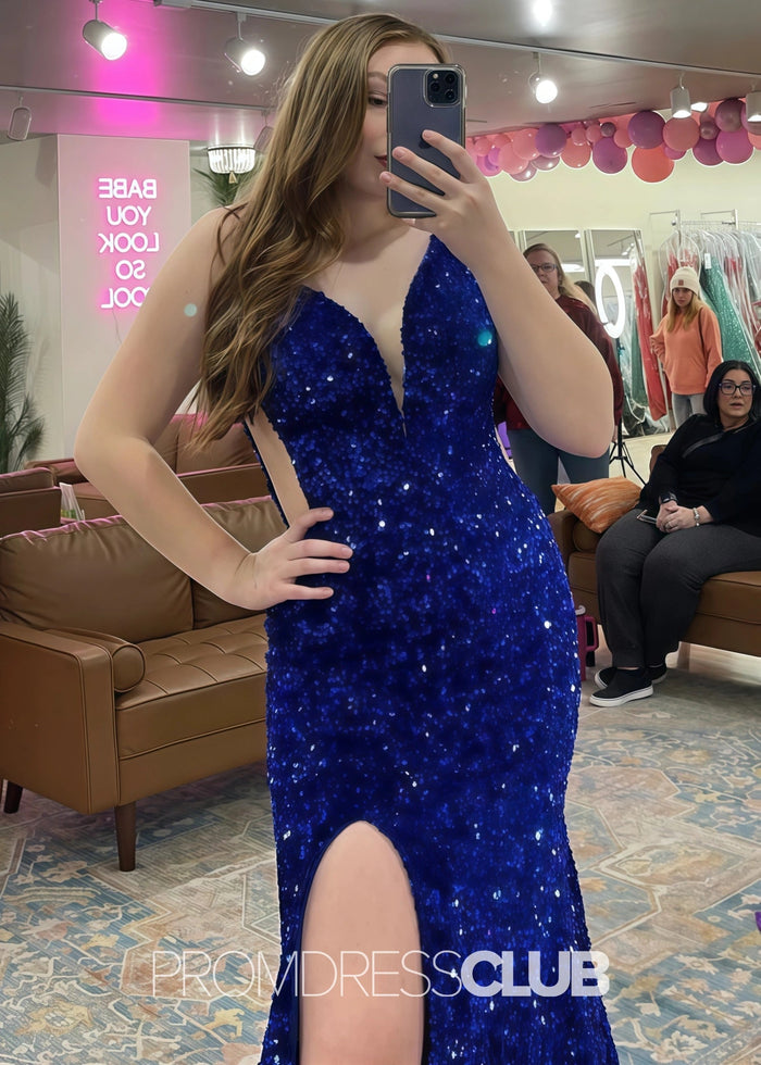Lilith |Plue Size Royal Blue Long Prom Dresses Near Me With Sequin Strapless V Neck Mermaid Slit - Price #price_variant_lowest# - Royal Blue - PromDressClub