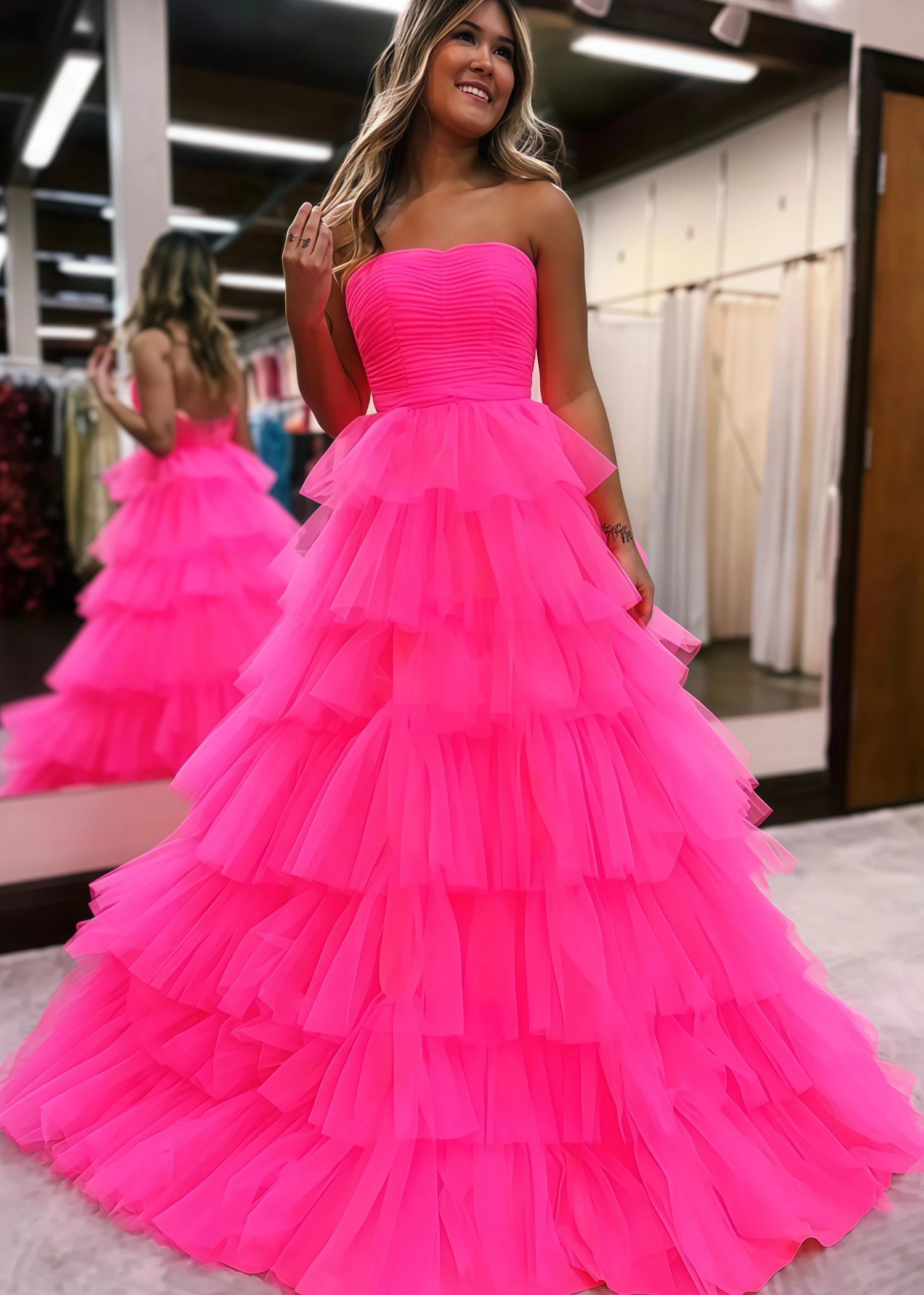 Lillian |A Line Straight Hot Pink Long Prom Dress with Ruffles - Hot Pink - PromDressClub