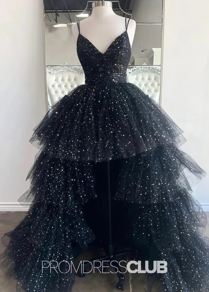 Lillian |Black Long Prom Dresses Near Me With A Line Spaghetti Straps Tiered Tulle High Low - Price #price_variant_lowest# - Black - PromDressClub