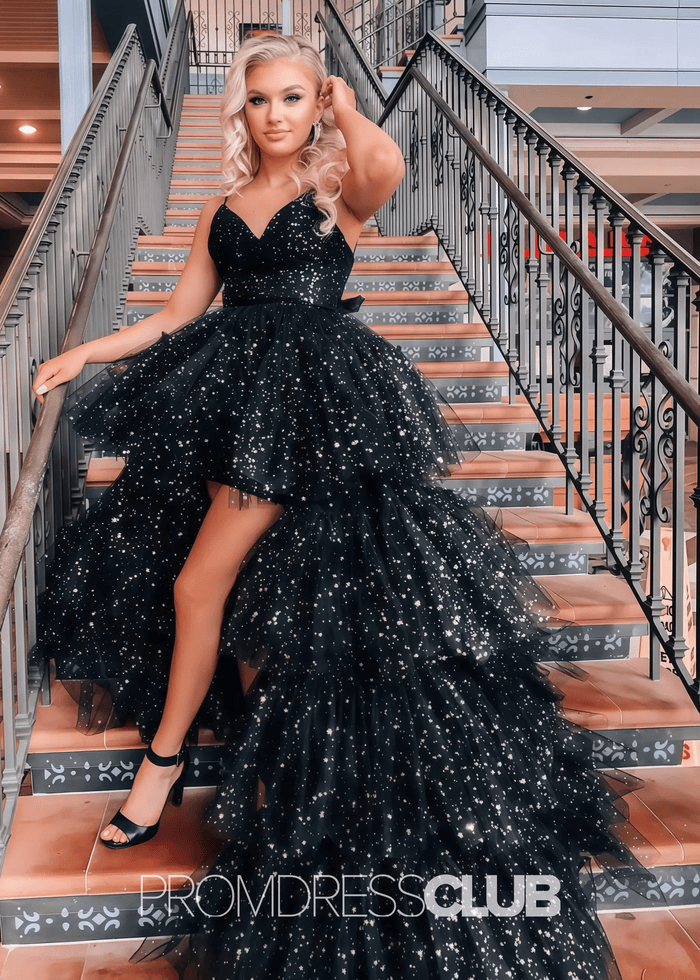 Lillian |Black Long Prom Dresses Near Me With A Line Spaghetti Straps Tiered Tulle High Low - Price #price_variant_lowest# - Black - PromDressClub