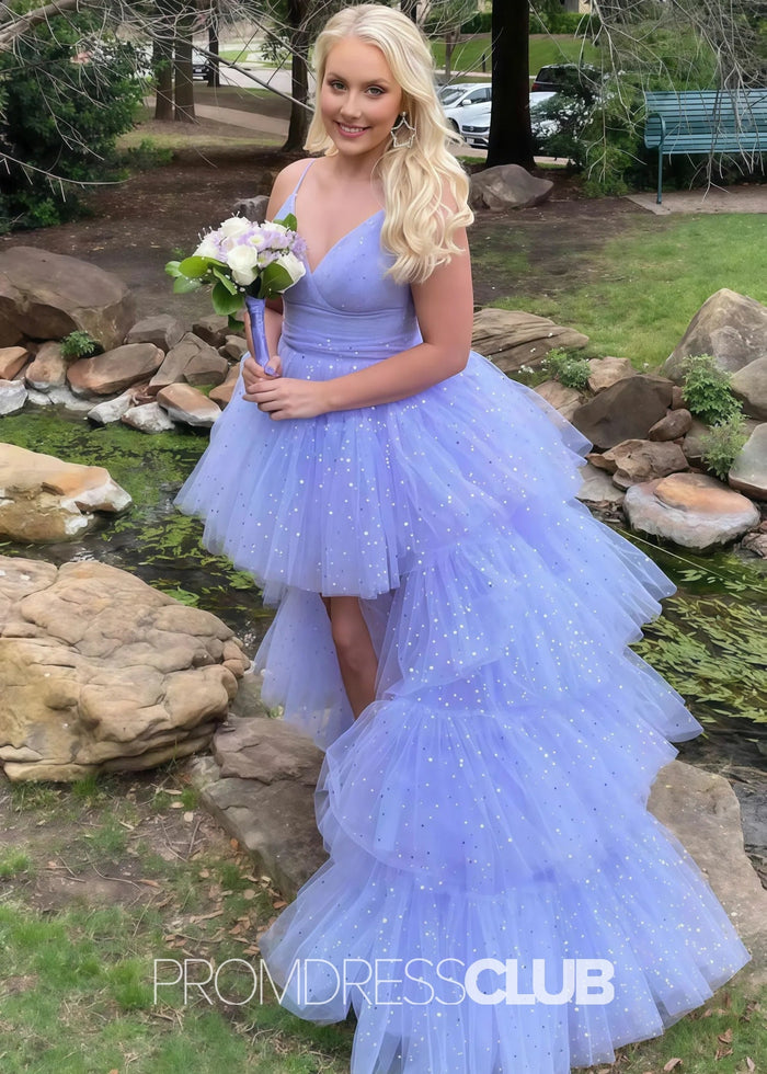 Lillian |Black Long Prom Dresses Near Me With A Line Spaghetti Straps Tiered Tulle High Low - Price #price_variant_lowest# - Lavender - PromDressClub