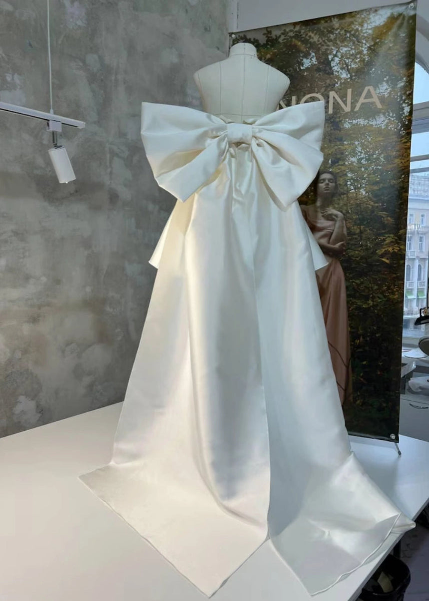 Lillian | Elegant Short Satin Strapless Wedding Dress with Bow Back Detail - White - PromDressClub