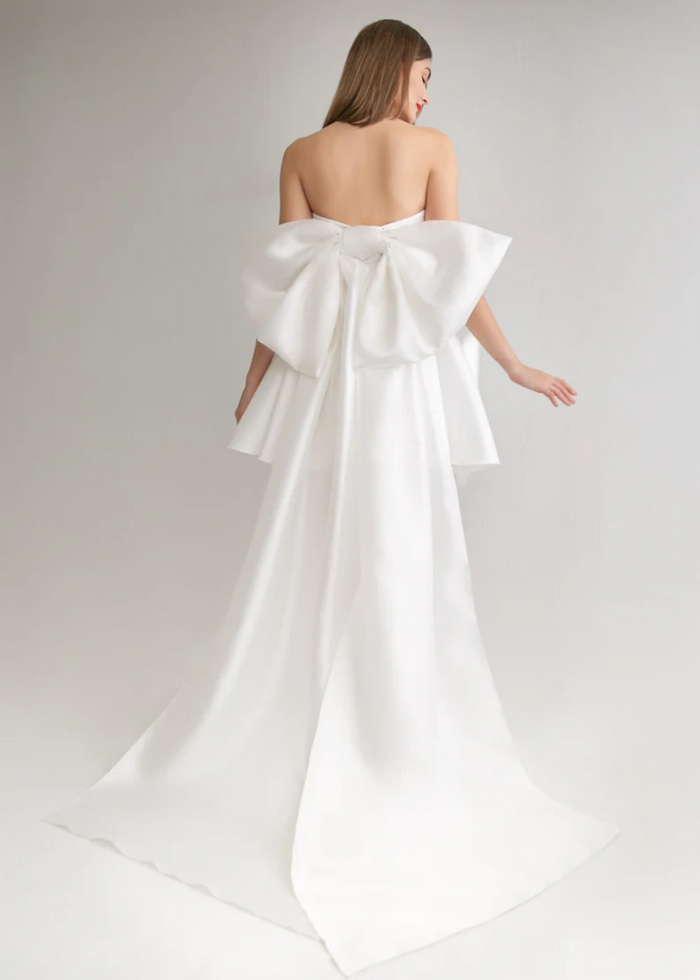 Lillian | Elegant Short Satin Strapless Wedding Dress with Bow Back Detail - White - PromDressClub