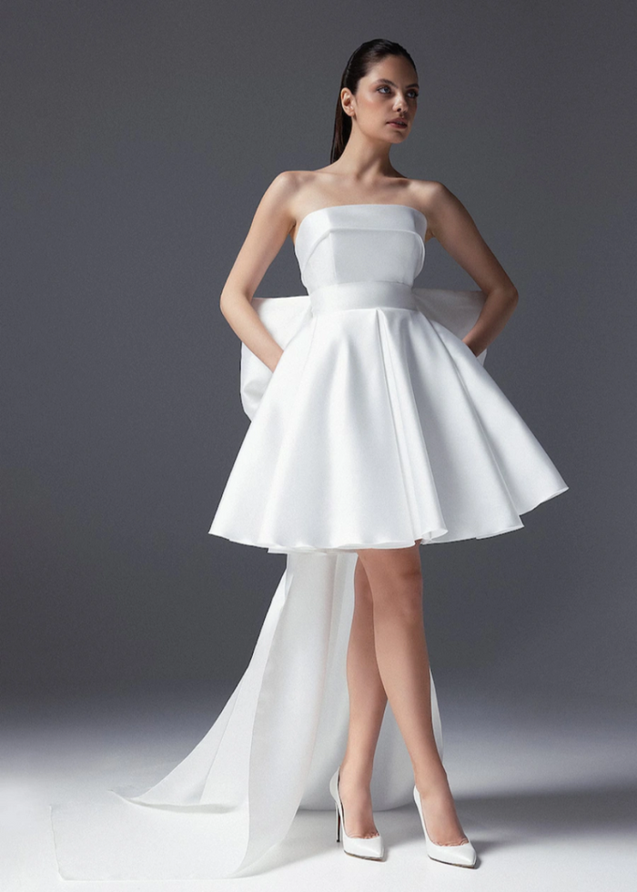Lillian | Elegant Short Satin Strapless Wedding Dress with Bow Back Detail - White - PromDressClub