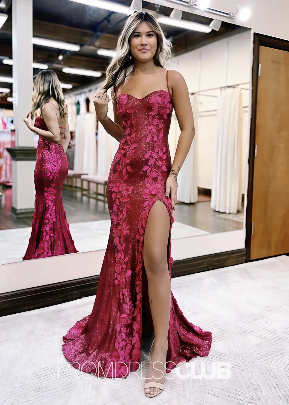 Linda | Long Black Corset Prom Dresses with 3D Appliques Sequin - Price #price_variant_lowest# - Fuchsia - PromDressClub