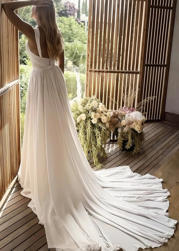 Lindsay | Elegant A Line Sweetheart Pleated Bodice Wedding Dress with Slit and Court Train - Champagne - PromDressClub