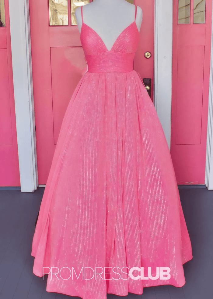 Lindsay |Hot Pink Plus Size Long Prom Dresses Near Me With A - line V Neck Sequins - Price #price_variant_lowest# - Hot Pink - PromDressClub