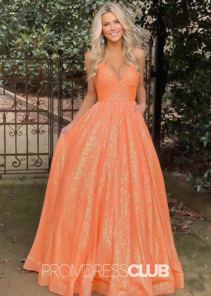 Lindsay |Hot Pink Plus Size Long Prom Dresses Near Me With A - line V Neck Sequins - Price #price_variant_lowest# - Orange - PromDressClub