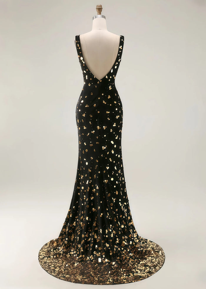 Liora Black and Gold Sequin Prom Dress | Mermaid V - Neck Backless Cocktail Dress with Slit - Black and Gold - PromDressClub