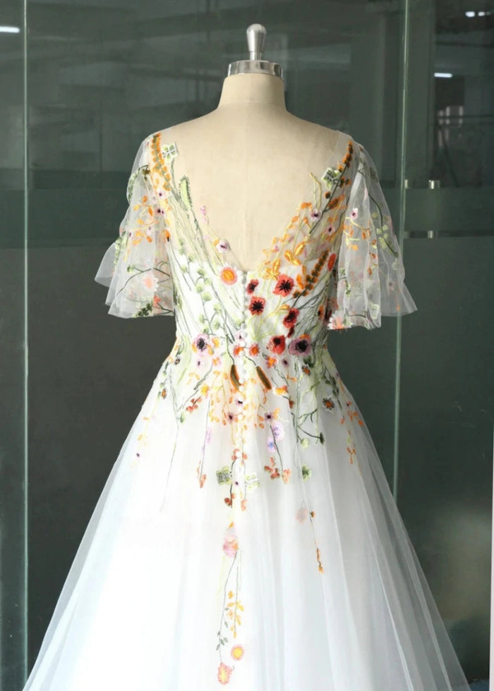 Lisa | Discover Floral Cap Sleeve V Neck Wedding Dresses for Elegant Brides - White Floral - PromDressClub