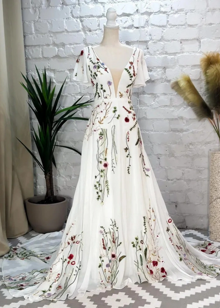 Lola | Stunning Floral Wedding Dresses with Sleeves - Ivory Floral - PromDressClub