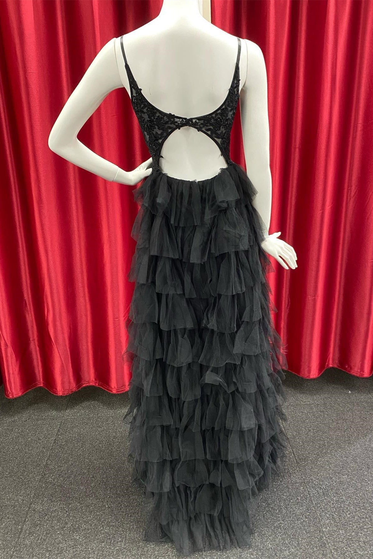 Rosalind | A Line Backless Black Lace and Tulle Prom Dress with Ruffles - Black - PromDressClub