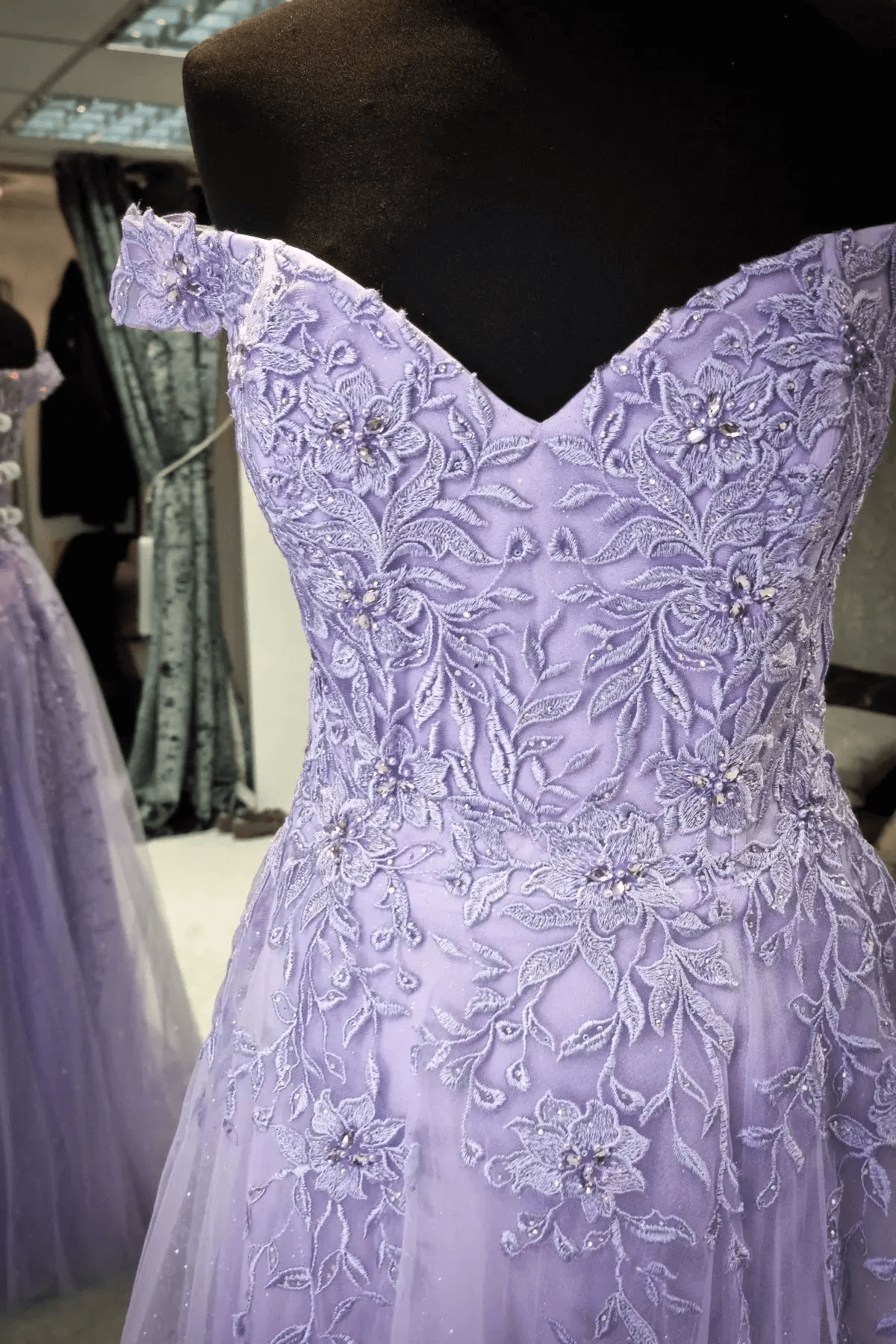 Rebecca | A Line Backless Lavender Off the Shoulder Corset Prom Dress with Slit - Lavender - PromDressClub