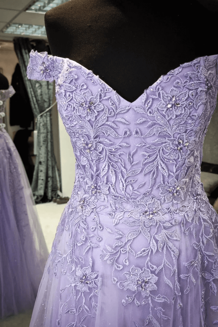 Rebecca | A Line Backless Lavender Off the Shoulder Corset Prom Dress with Slit - Lavender - PromDressClub