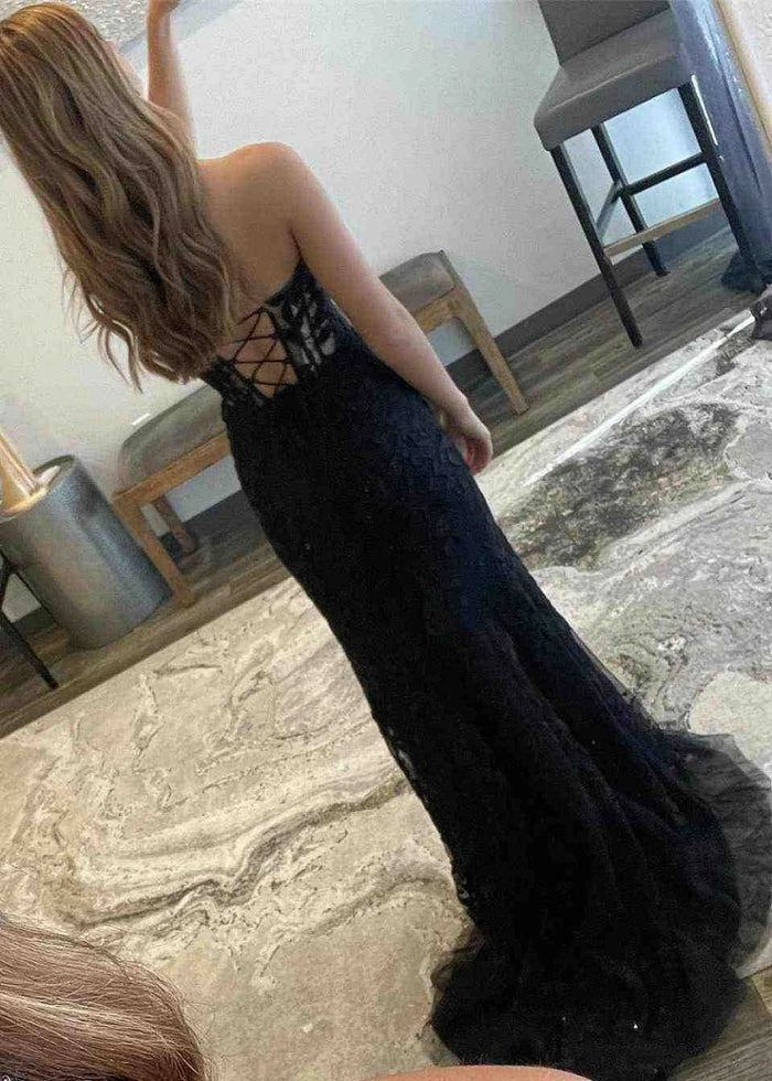 Lorraine Corset Lace Lilac Prom Dress | Mermaid Strapless Sweetheart Neckline Dress with Slit - Black - PromDressClub