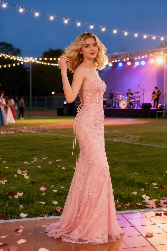 Lorraine Corset Lace Lilac Prom Dress | Mermaid Strapless Sweetheart Neckline Dress with Slit - Light Pink - PromDressClub