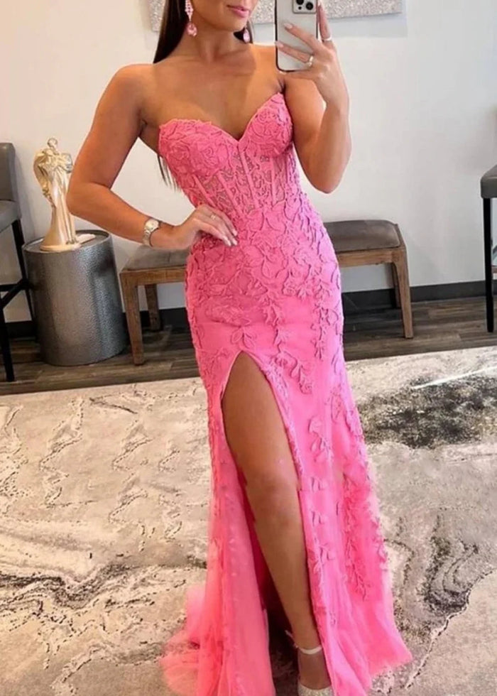 Lorraine Corset Lace Lilac Prom Dress | Mermaid Strapless Sweetheart Neckline Dress with Slit - Lilac - PromDressClub