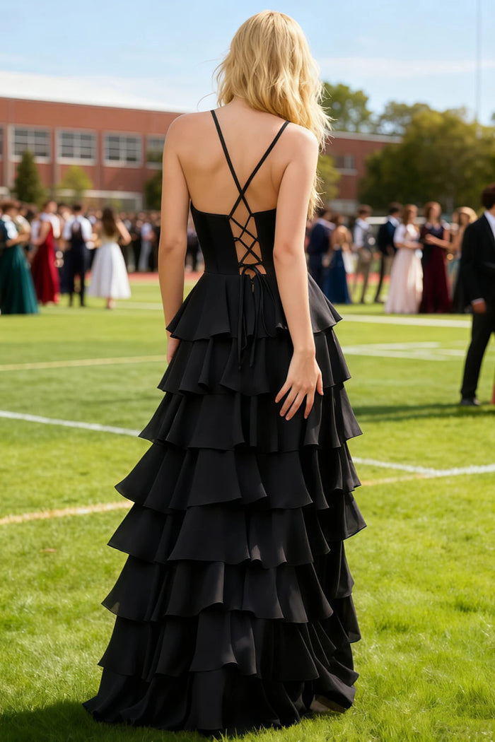 Luminance Black Tiered Ruffled Cowl Neck Prom Dress | A - Line Spaghetti Straps Corset Pleated Satin Dress with Slit - US0 - PromDressClub