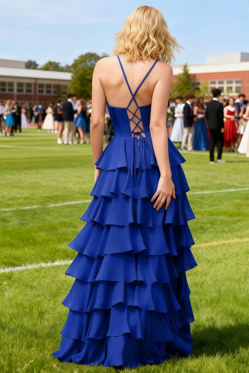 Luminance Royal Blue Tiered Ruffled Cowl Neck Prom Dress | A - Line Spaghetti Straps Corset Pleated Satin Dress with Slit - US0 - PromDressClub