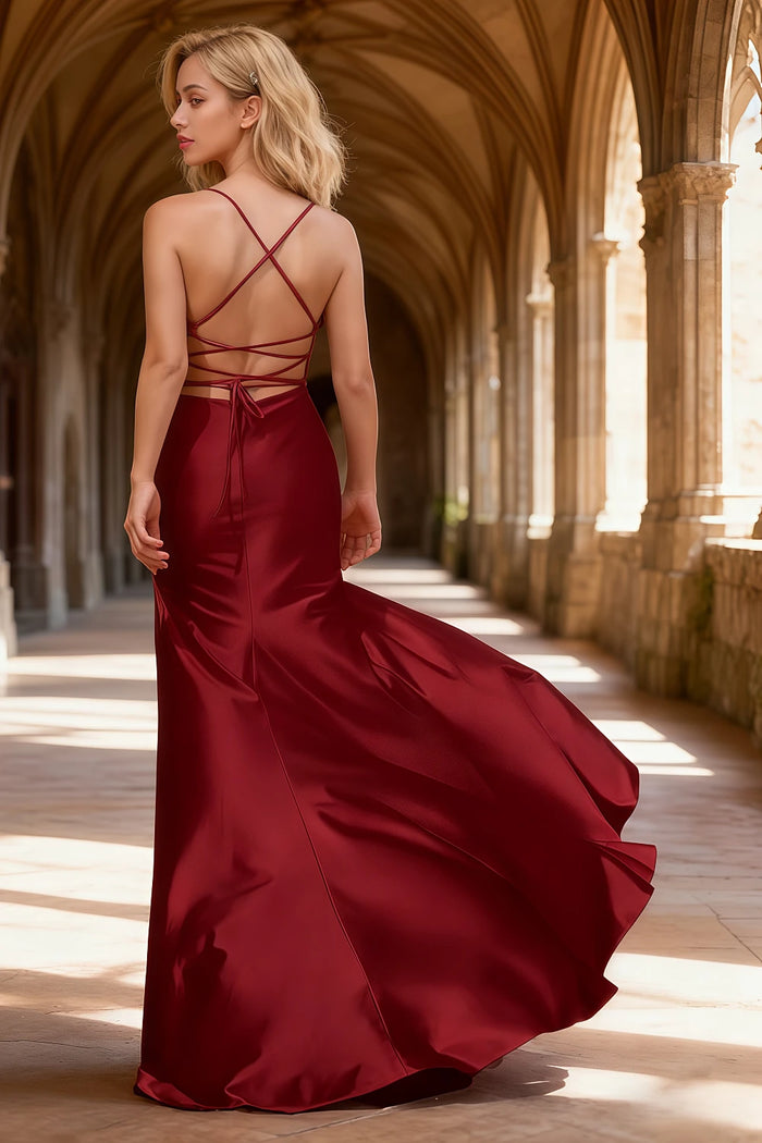 Luna Burgundy Satin Sheath Spaghetti Strap Prom Dress | Sexy Scoop Neck Pleated Open Back Slit Gown - US0 - PromDressClub
