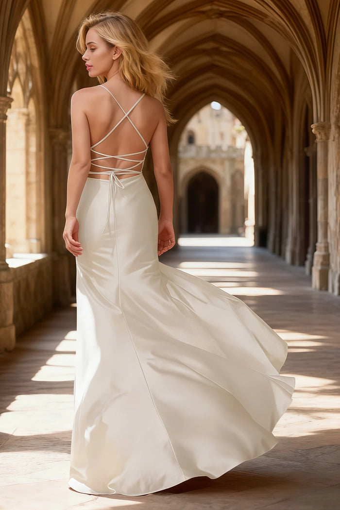 Luna White Satin Sheath Spaghetti Strap Prom Dress | Sexy Scoop Neck Pleated Open Back Slit Gown - US0 - PromDressClub