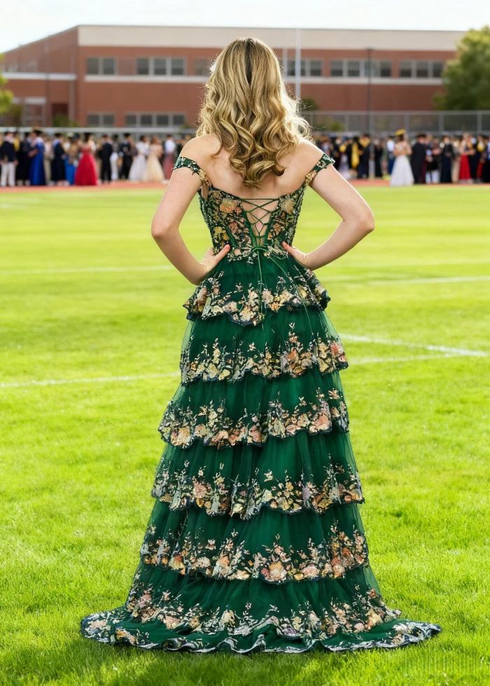 Lydia | A - Line Off the Shoulder Lace Corset A Pink Prom Dress Long with Tiered Ruffles - Dark Green - PromDressClub