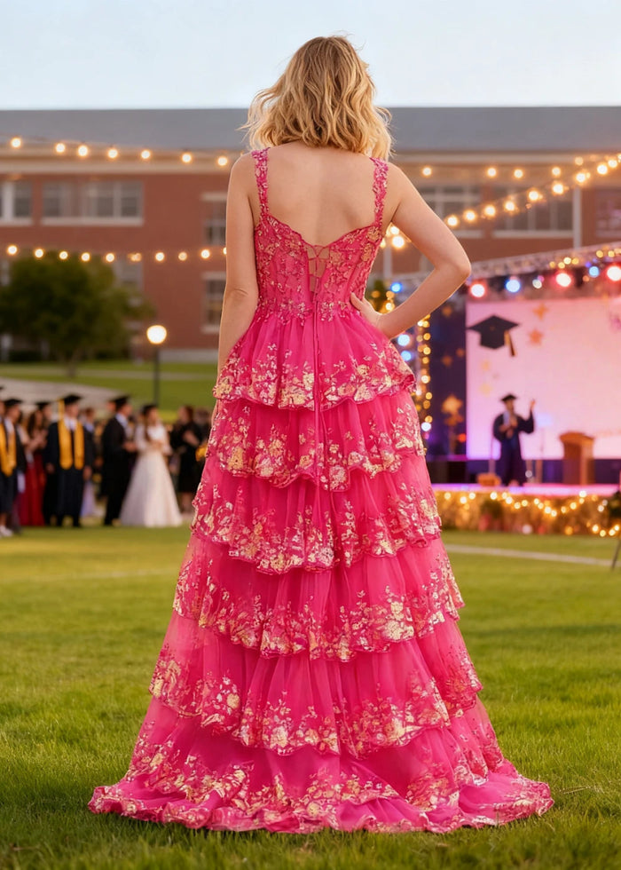 Lydia | A - Line Off the Shoulder Lace Corset A Pink Prom Dress Long with Tiered Ruffles - Fuchsia - PromDressClub