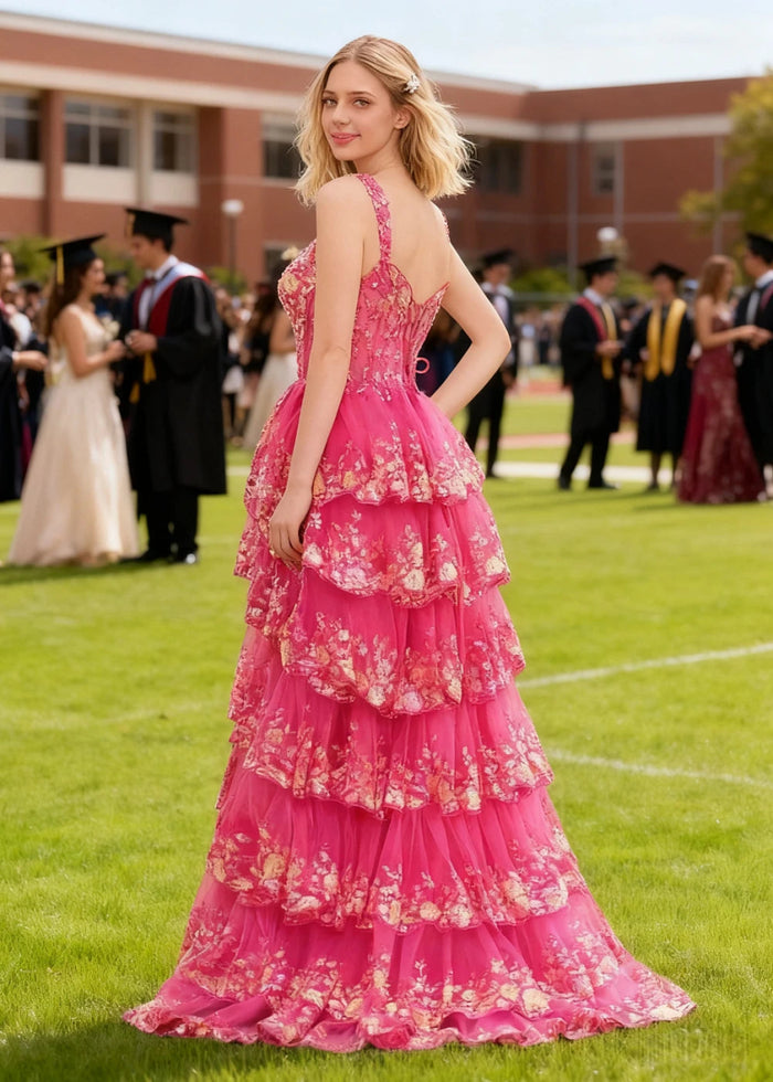 Lydia | A - Line Off the Shoulder Lace Corset A Pink Prom Dress Long with Tiered Ruffles - Fuchsia - PromDressClub